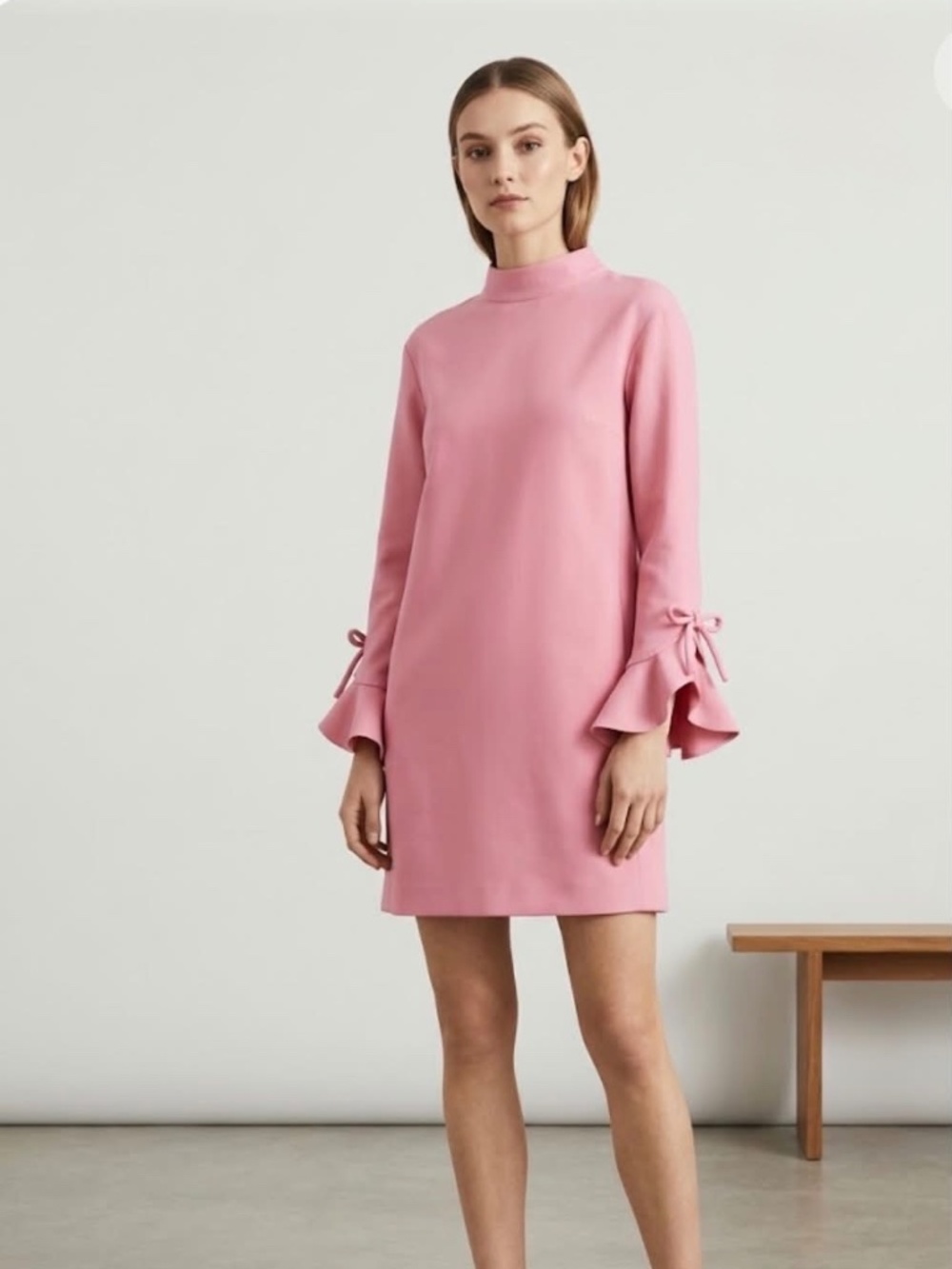 VALENTINO Pink Crepe Couture Wool Silk Ruffle Cuff Bow Shift Dress 38 US 2